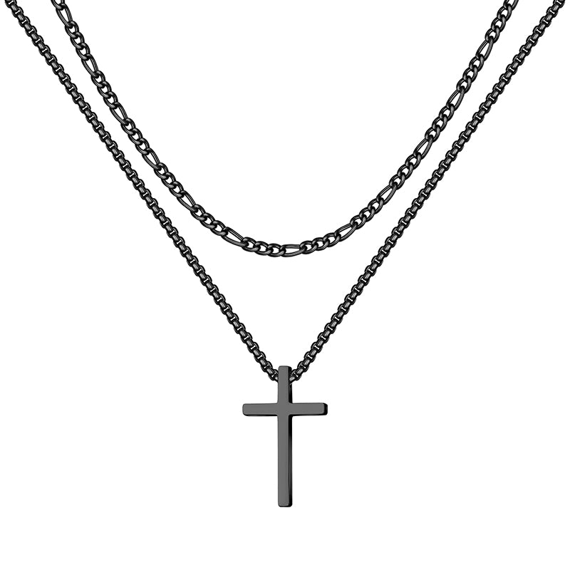 Black/Golden/Silvery, Short 3 to 1 Chain, Extended Box Chain, Double Layer Chain, Cross Tag Necklace, Style E1 Figaro&Box Buckle
