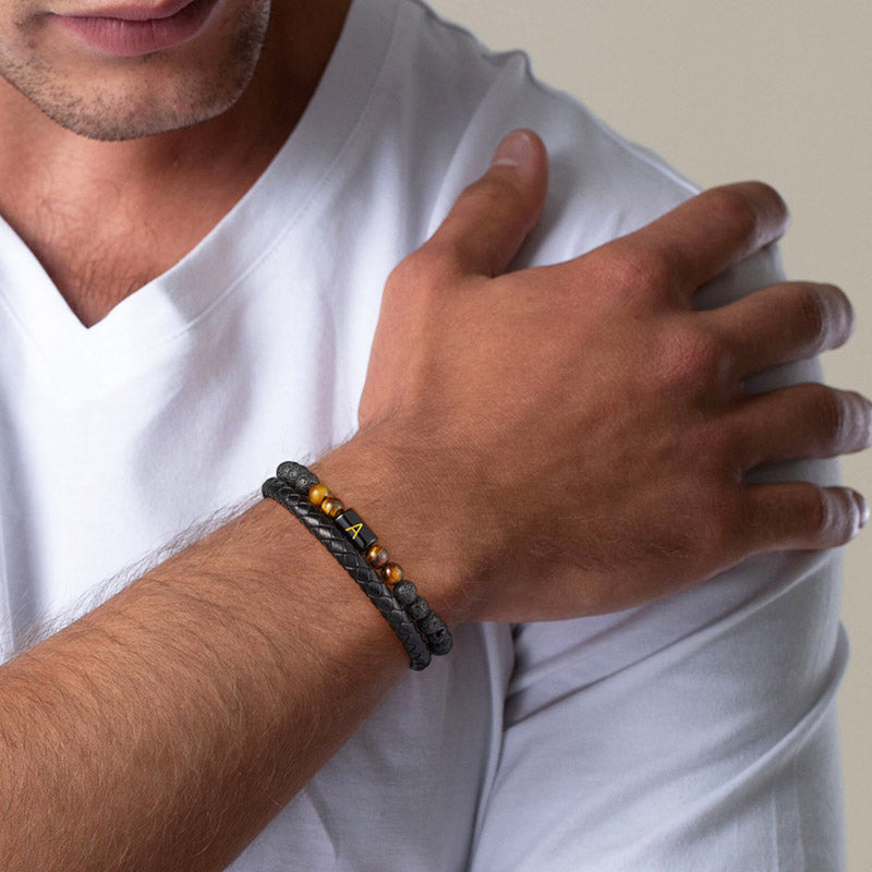 Tiger Eye Stone and Lava - Black Buckle, Black Bead Bracelet 01
