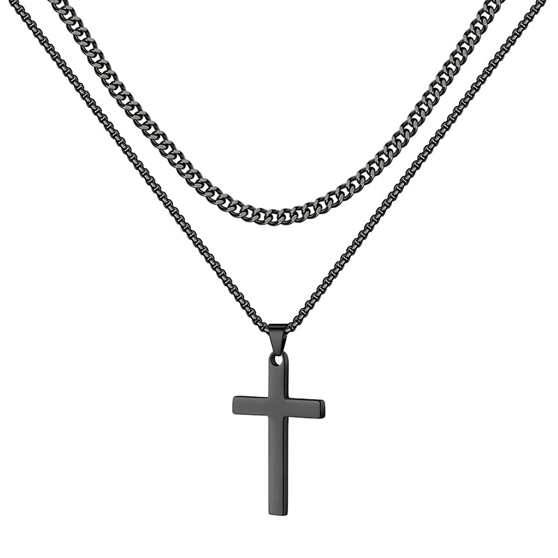 Golden/Black/Silvery, Short Cuban Chain, Extended Pearl Chain, Double Layer Chain, Cross Pendant Necklace, Style B - Medium Pendant