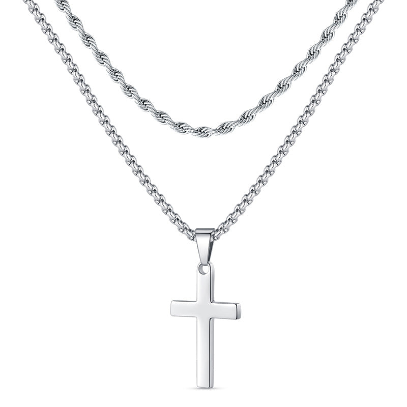 Silvery/Black/Golden, woven rope style chain, stainless steel melon seed buckle cross double-layer chain, style A2- rope and box hole