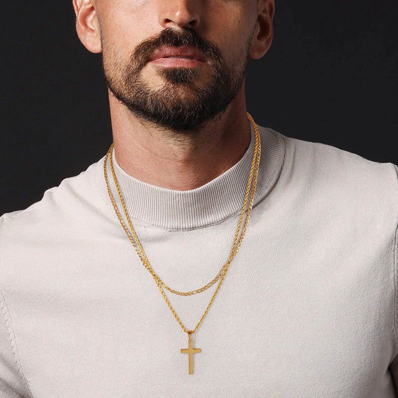 Stainless steel cross necklace, styled D-Figaro&rope chain