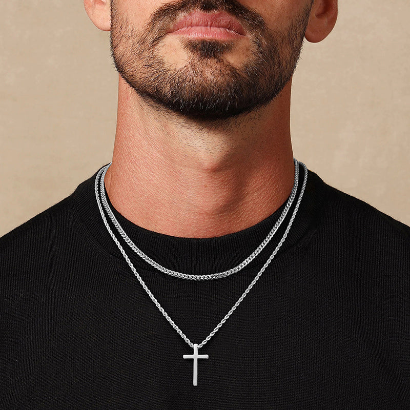 Golden/Black/Silvery, Cross Necklace Stainless Steel Cuban Chain Chain Rope Chain Layered Cross Pendant Necklace, Stainless Steel Guazi Buckle Cross Double Layer Chain, Style A Cuban&Rope Buckle