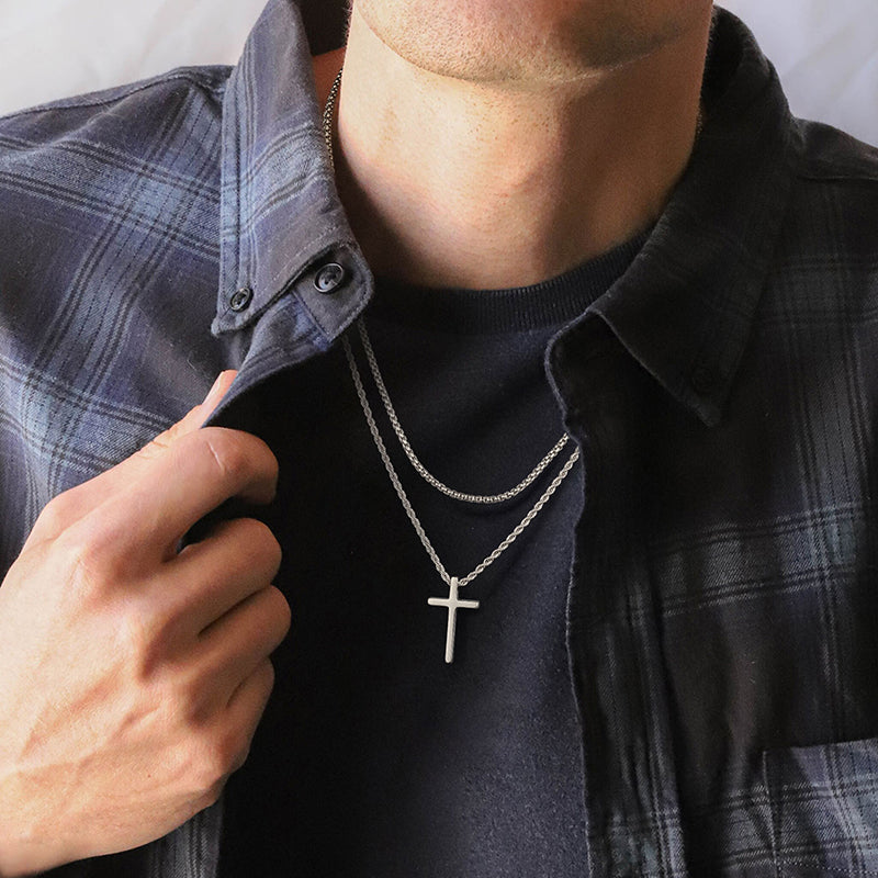 Black/Golden/Silvery, Short Pearl Chain, Extended Rope Chain, Double Layer Chain, Cross Tag Necklace, Style A3 Box and Filled with Rope