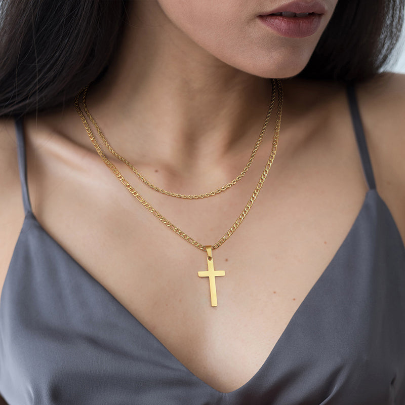 golden, Figaro style chain, stainless steel melon seed buckle cross double layered chain, style B-rope and Figaro buckle