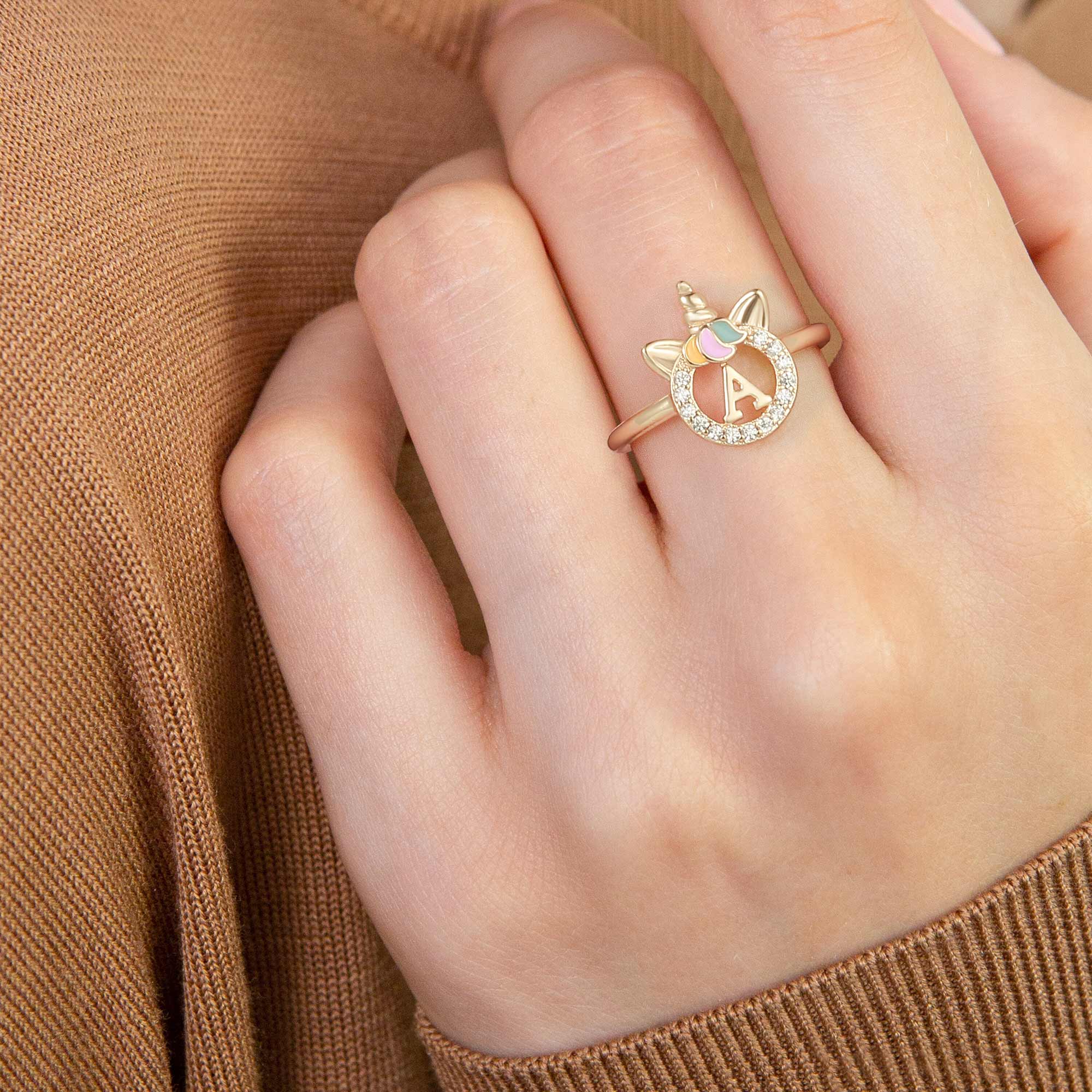Children's jewelry, golden/rose golden/silvery ring, exquisite unicorn letter unicorn ring, 14K gold-plated/925 silver plated cute ring, hypoallergenic ring, suitable for teenage girls as a gift