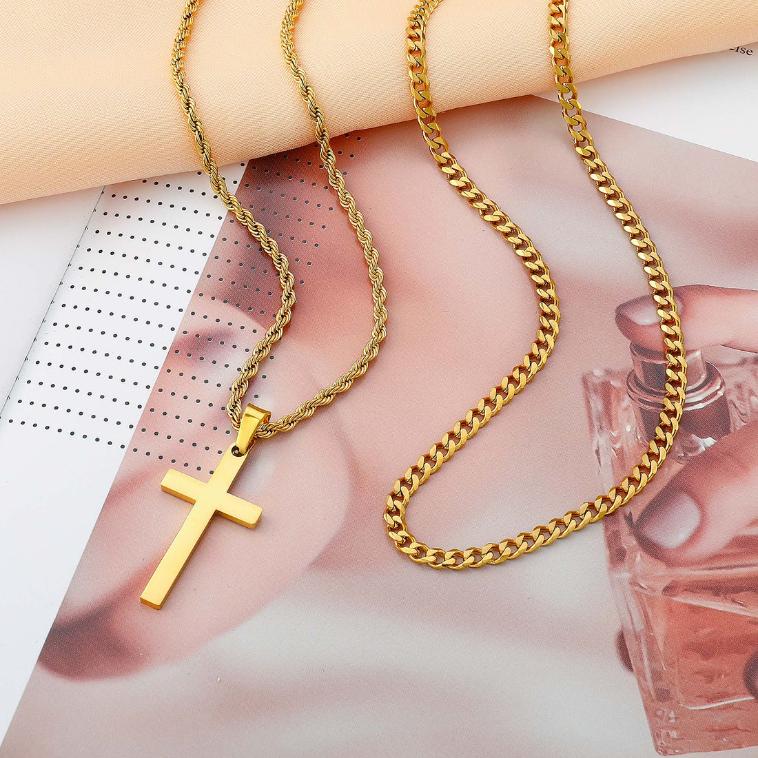Black/Golden/Silvery, Short Cuban Chain, Extended Rope Chain, Double Layer Chain, Cross Tag Necklace, Style B - Cuban and Rope Hole