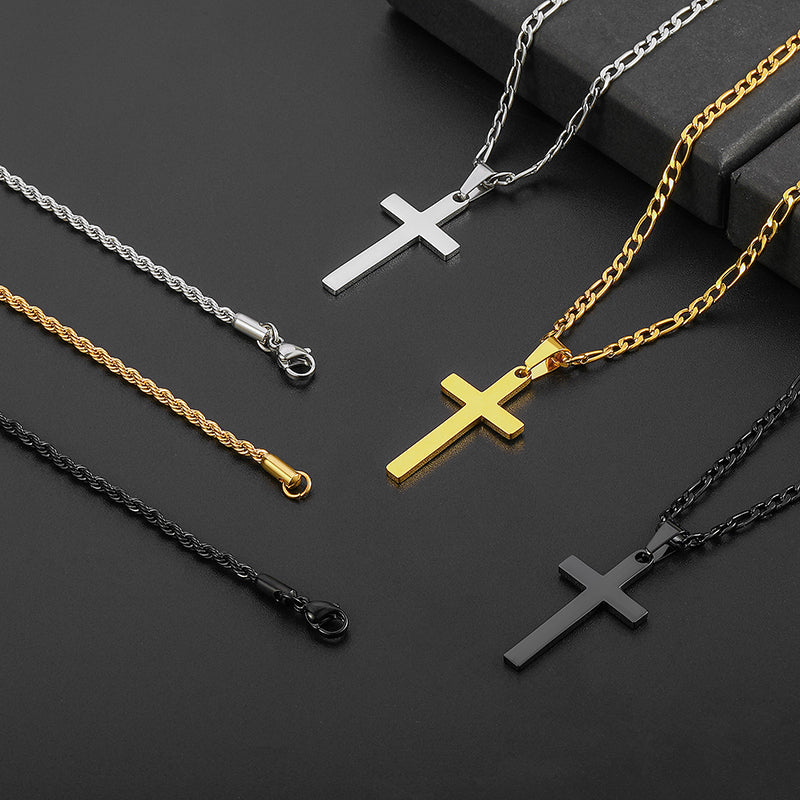 golden, Figaro style chain, stainless steel melon seed buckle cross double layered chain, style B-rope and Figaro buckle