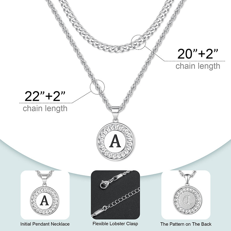 Silvery, Cuban chain and rope chain double layered chain necklace, black letter circular hanging tag necklace, style 1- silver hollow out