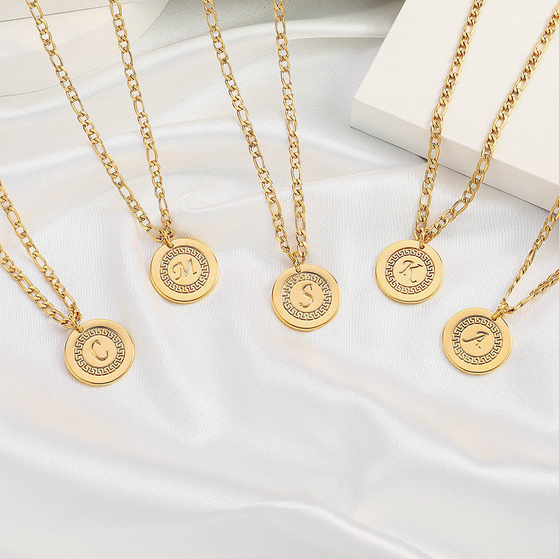 Golden, three to one chain single-layer chain necklace, gold flower shaped letter circular hanging tag, letter necklace