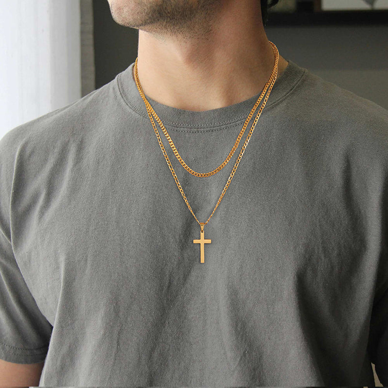 Golden/Black/Silvery, Short Cuban Chain with Extended Figaro Double Layer Chain, Smooth Cross Necklace, Style C1- Cuban and Figaro Buckle