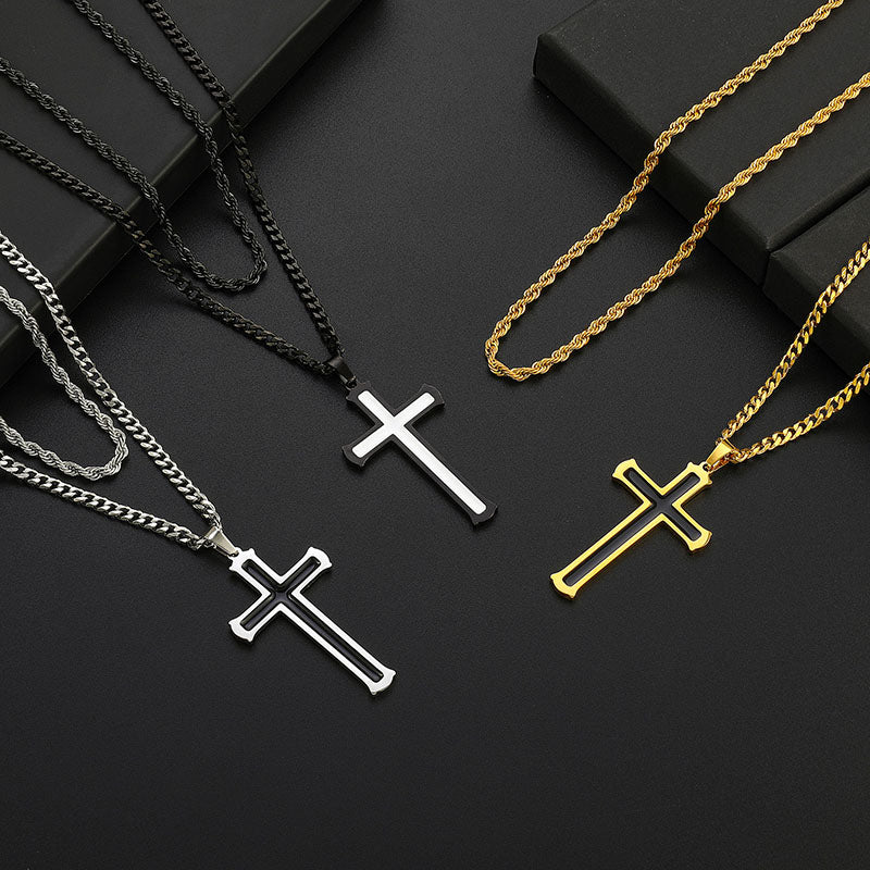 Black/Golden/Silvery, Cuban Chain with Rope Double Layer Chain, Hollow Cross Hanging Tag Necklace
