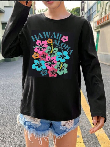 Black, women's long sleeved T-shirt, round neck, with red and green flowers on the chest