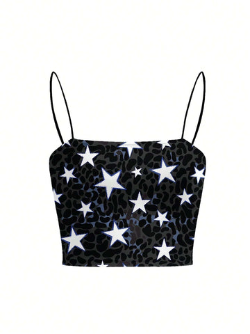 Black, women's tank top with star print