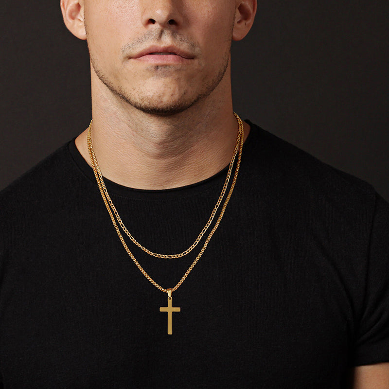 Black/Golden/Silvery, Short Gallo Chain, Extended Box Chain, Double Layer Chain, Cross Tag Necklace, Style E2- Figaro and Box Hole
