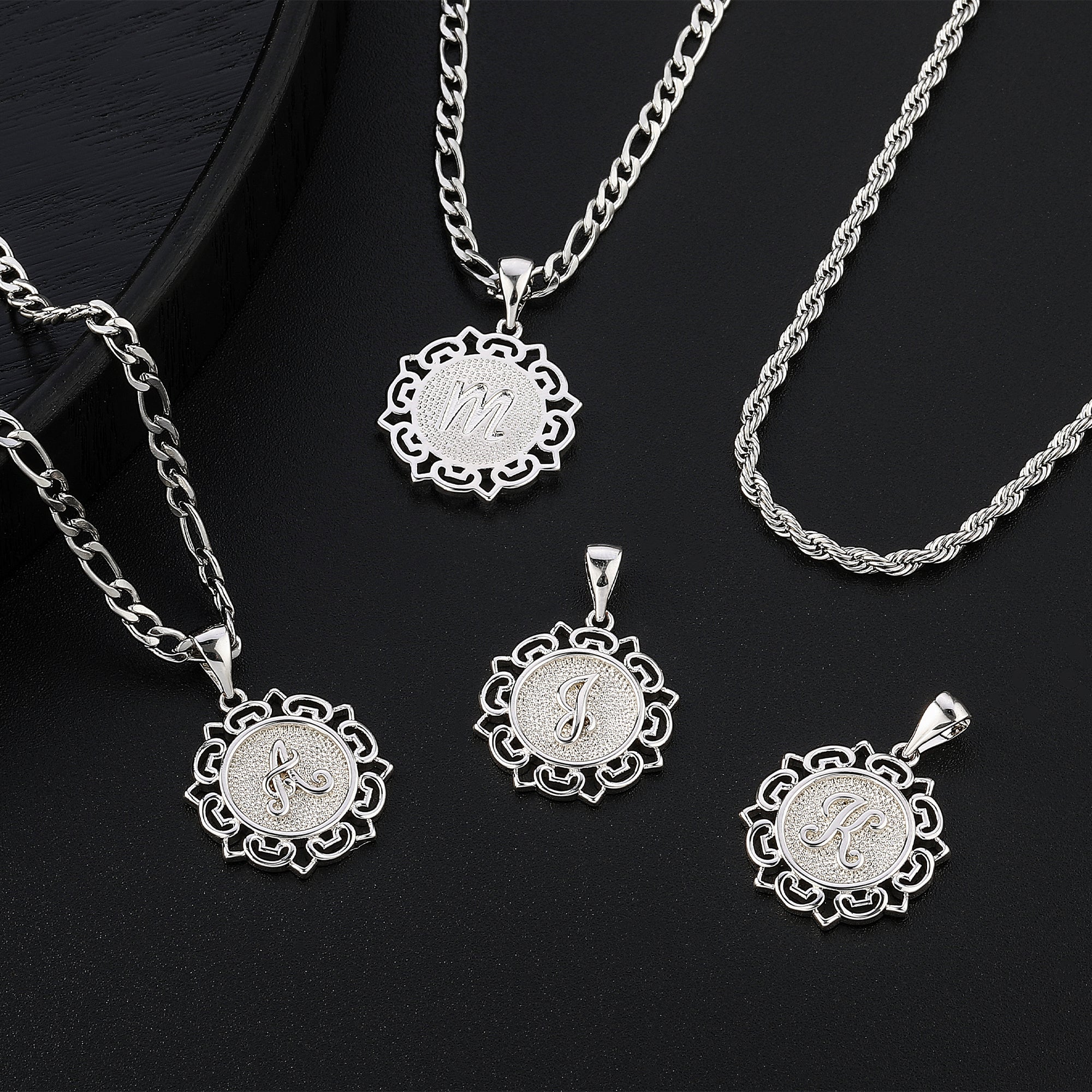 Silvery, double layered chain necklace with Figaro chain and rope chain, silver floral letter circular lace pendant necklace, letter necklace
