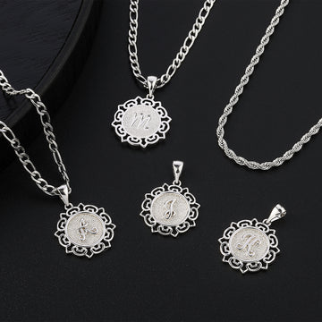 Silvery, double layered chain necklace with Figaro chain and rope chain, silver floral letter circular lace pendant necklace, letter necklace
