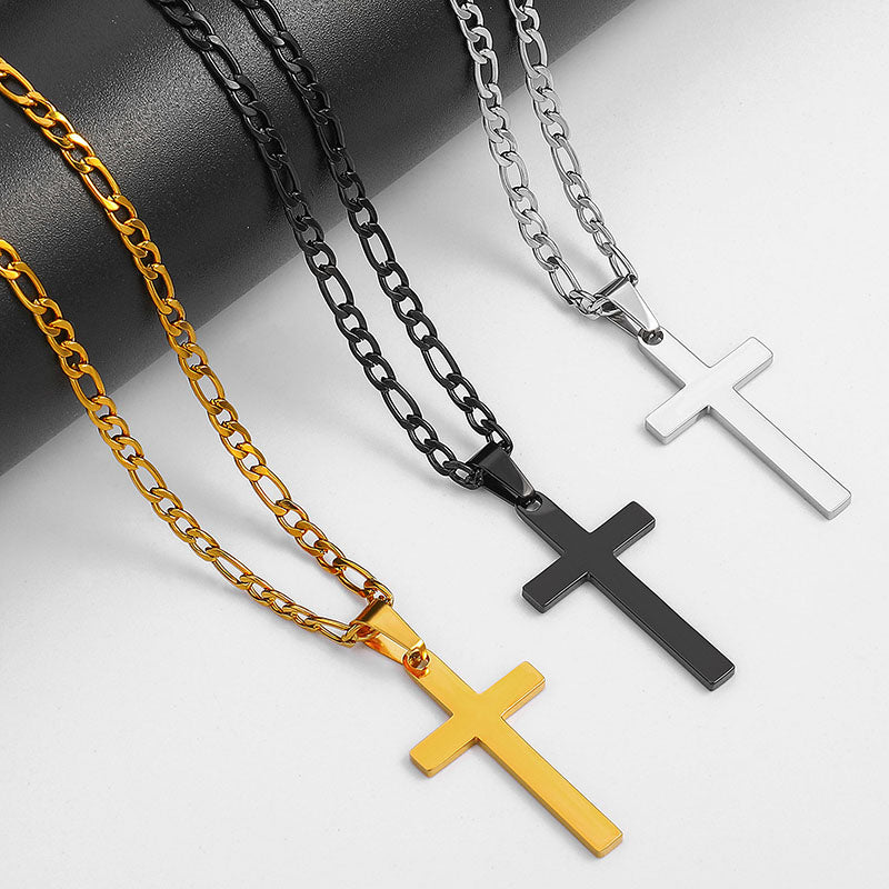 Black/golden/silvery, three to one single-layer chain, smooth cross pendant necklace