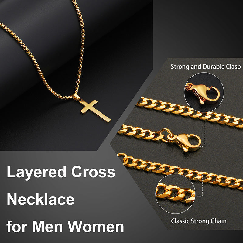 Golden/silvery/black, stainless steel melon seed buckle cross double-layer chain, style A-S pendant