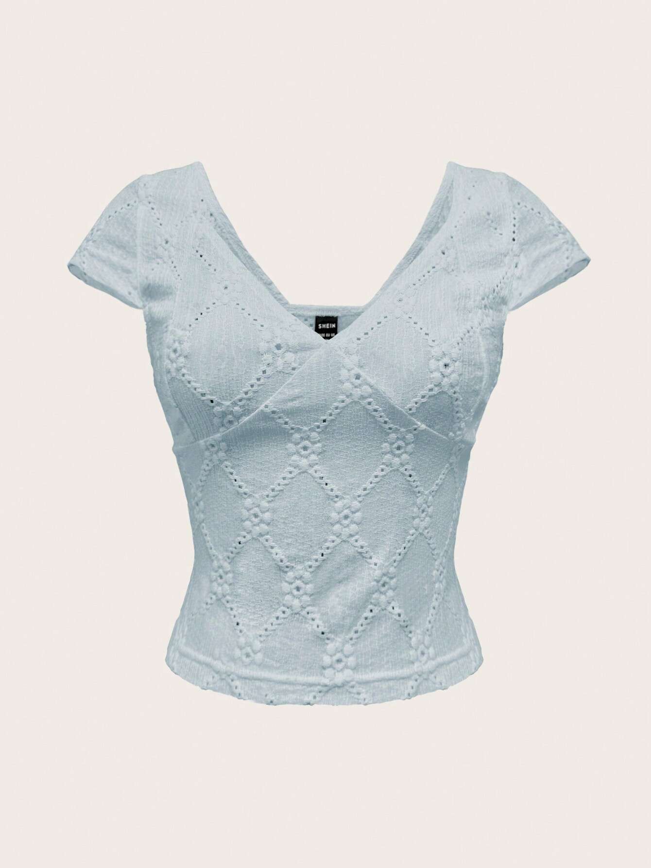 Light blue, women's top, hollowed out embroidery, V-neck short sleeved shirt