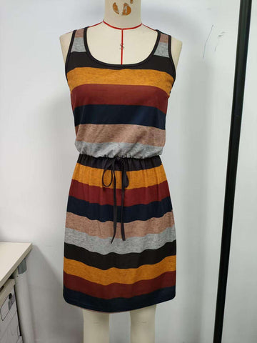 Multi colored, sleeveless, women's dress, black, yellow, burgundy, navy blue, khaki, gray six color horizontal stripe splicing