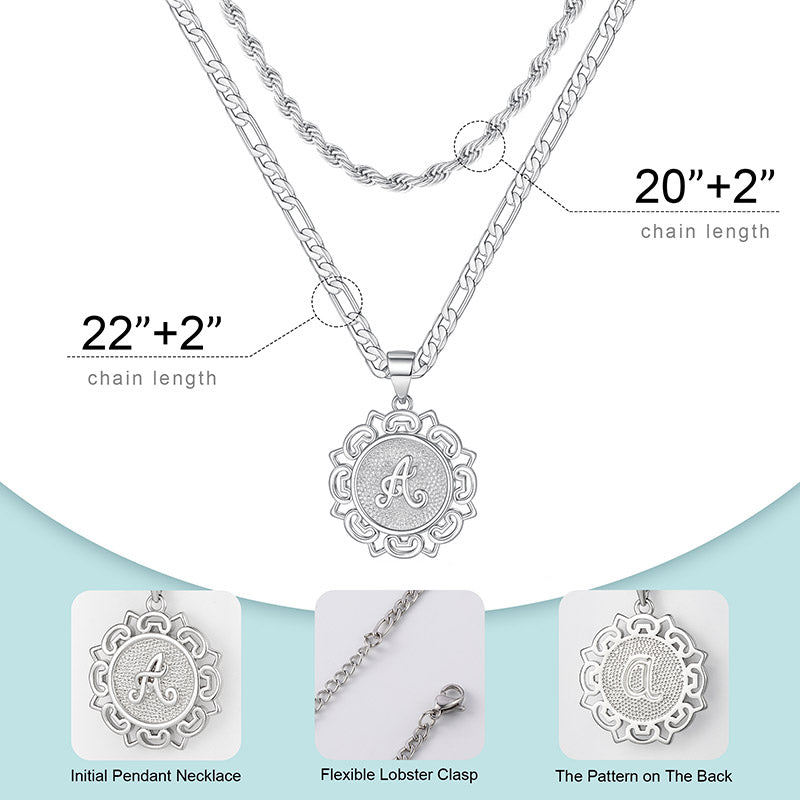 Silvery, double layered chain necklace with Figaro chain and rope chain, silver floral letter circular lace pendant necklace, letter necklace