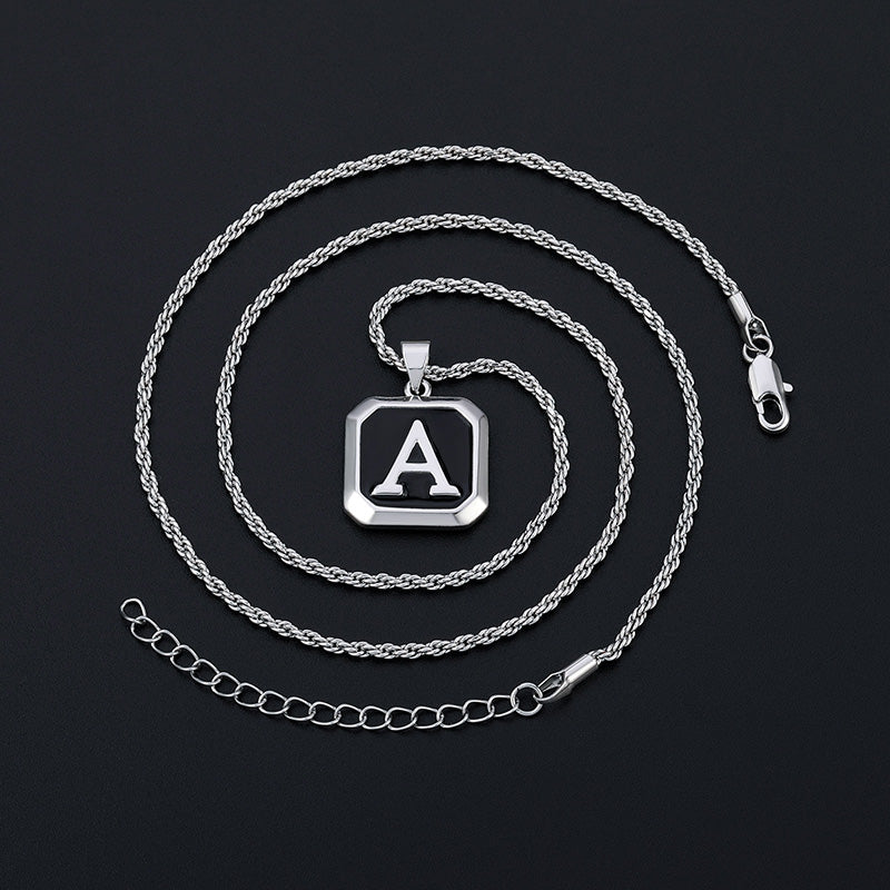 Silvery, single-layer rope chain necklace, capital letter black hang tag necklace