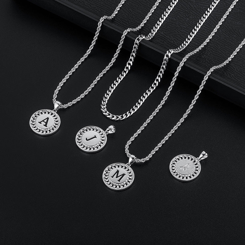Silvery, Cuban chain and rope chain double layered chain necklace, black letter circular hanging tag necklace, style 1- silver hollow out