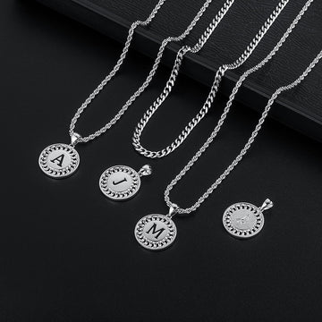 Silvery, Cuban chain and rope chain double layered chain necklace, black letter circular hanging tag necklace, style 1- silver hollow out