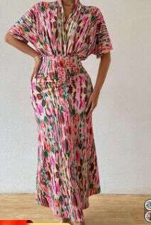 Pink, high waisted, short sleeved long skirt, loose skirt design, multi-color printed pattern