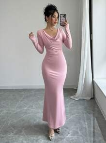 Pink, women's dress, long sleeved tight fitting, skirt over ankle