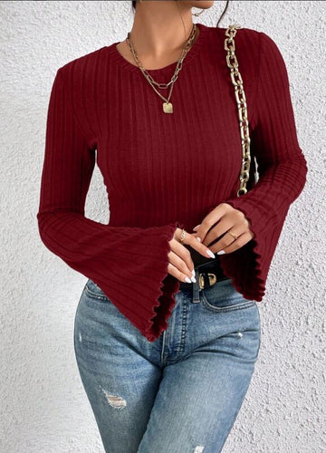 Wine red, women's long sleeved knitted sweater, round neck, long sleeves with flared cuffs