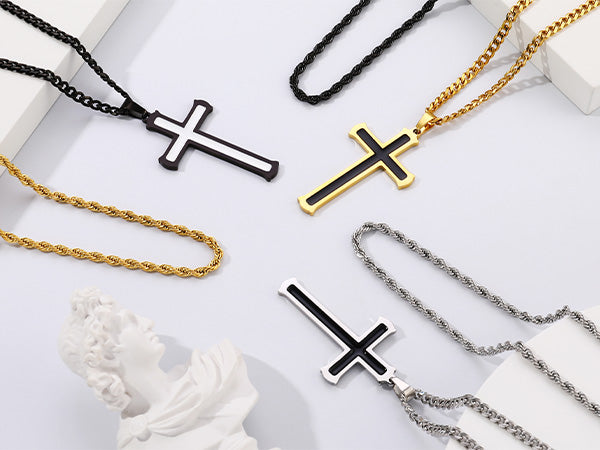 Black/Golden/Silvery, Cuban Chain with Rope Double Layer Chain, Hollow Cross Hanging Tag Necklace