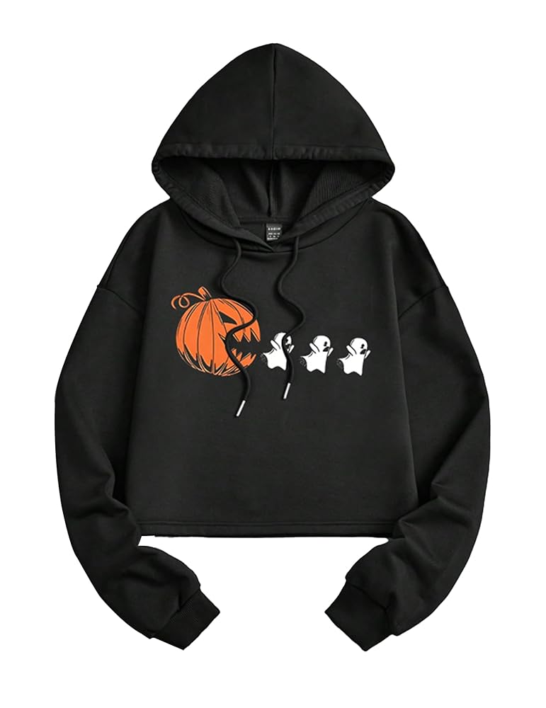 Black, women's top, short hoodie sweatshirt with 1 pumpkin and 3 white ghost Halloween cartoon patterns printed on the chest