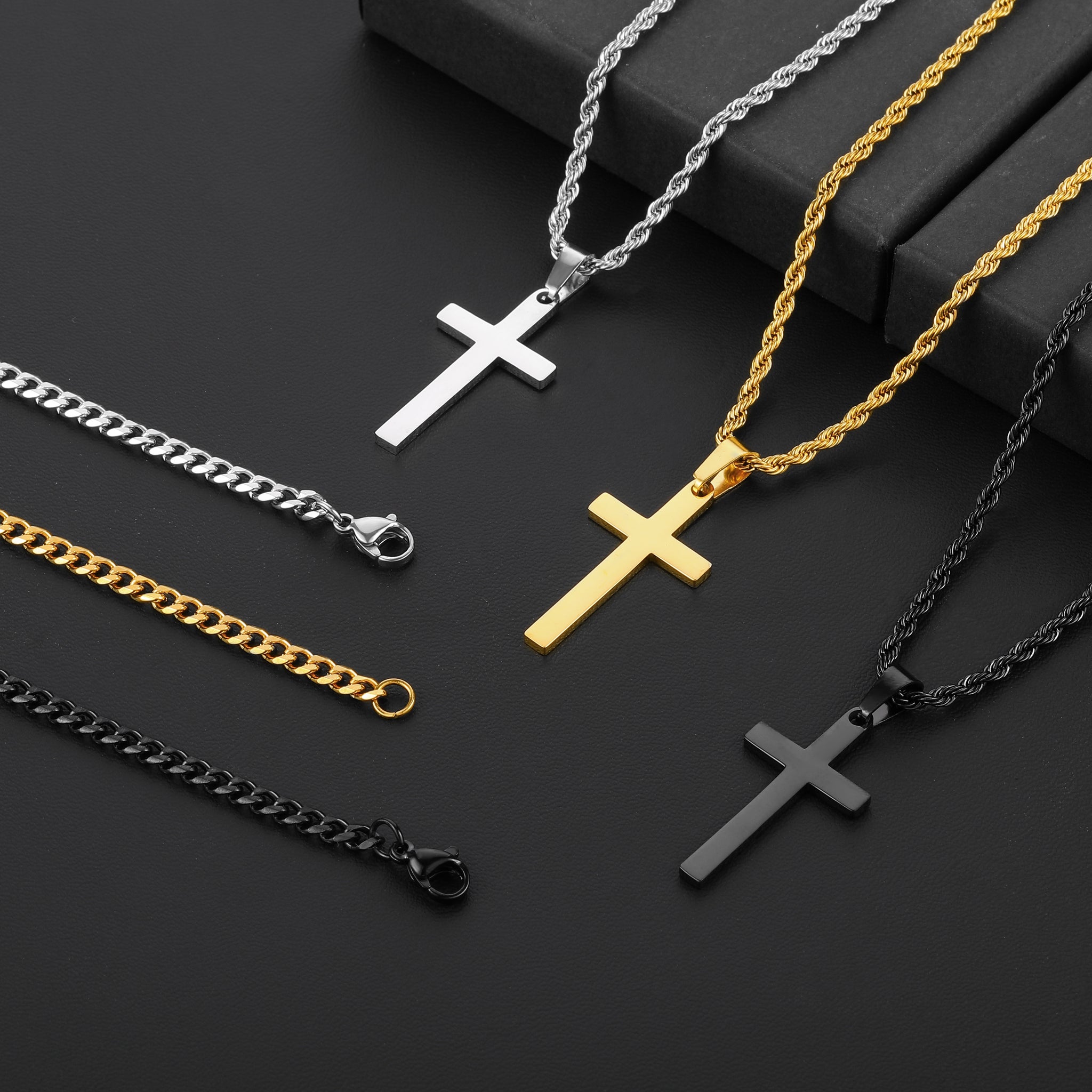 Black/Golden/Silvery, Short Cuban Chain, Extended Rope Chain, Double Layer Chain, Cross Tag Necklace, Style B - Cuban and Rope Hole
