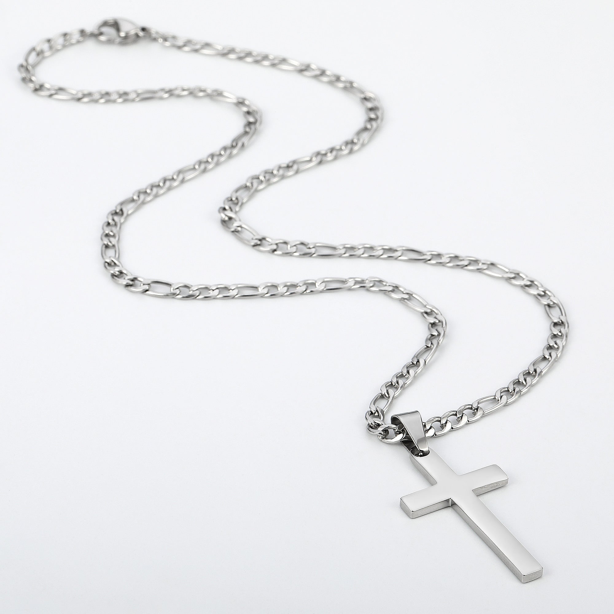 Silvery, stainless steel men's Figaro cross necklace, 2.5mm three to one cross pendant necklace, 16-24 inches