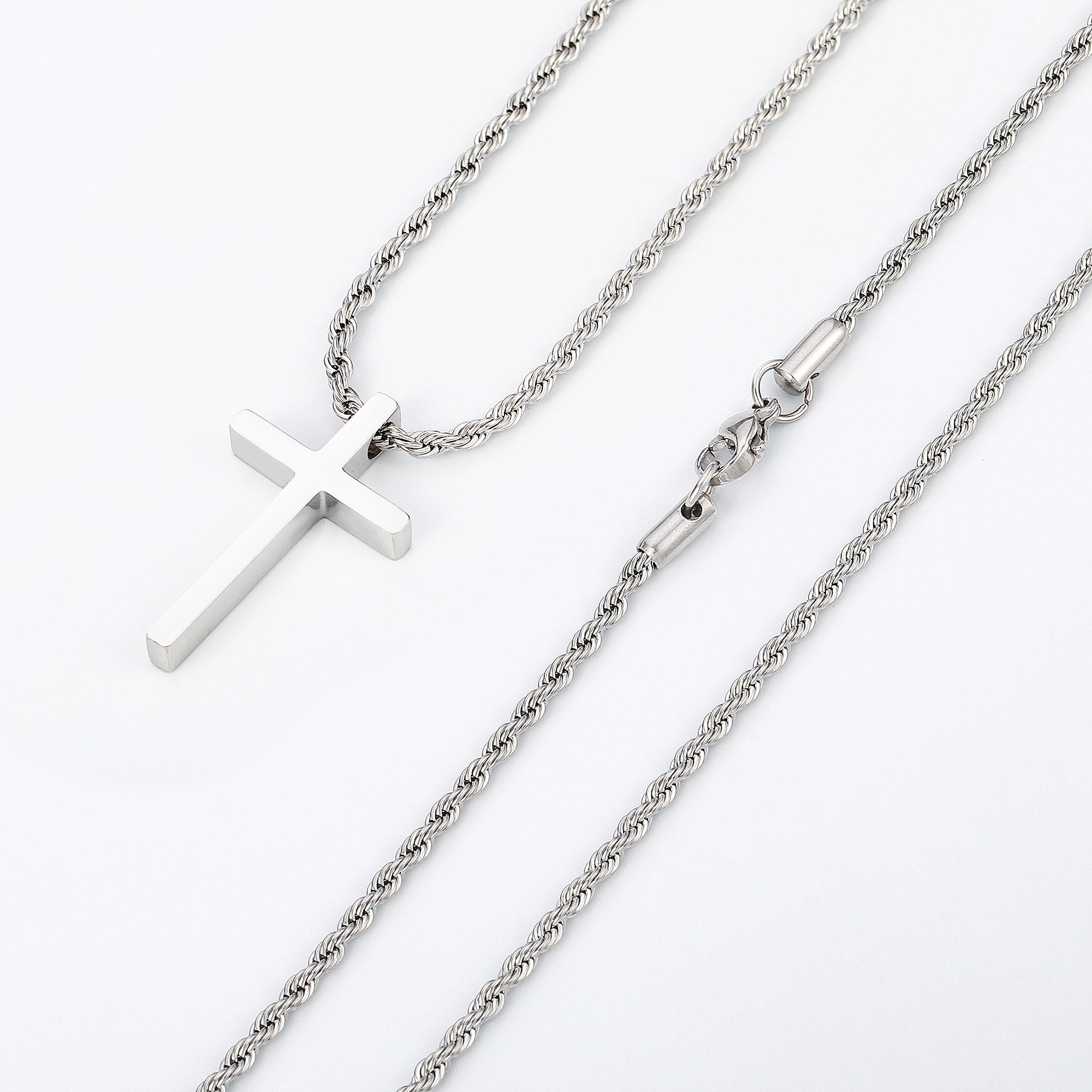 Silvery, stainless steel men's button rope chain cross necklace, 2.5mm, cross pendant necklace, 16-24 inches