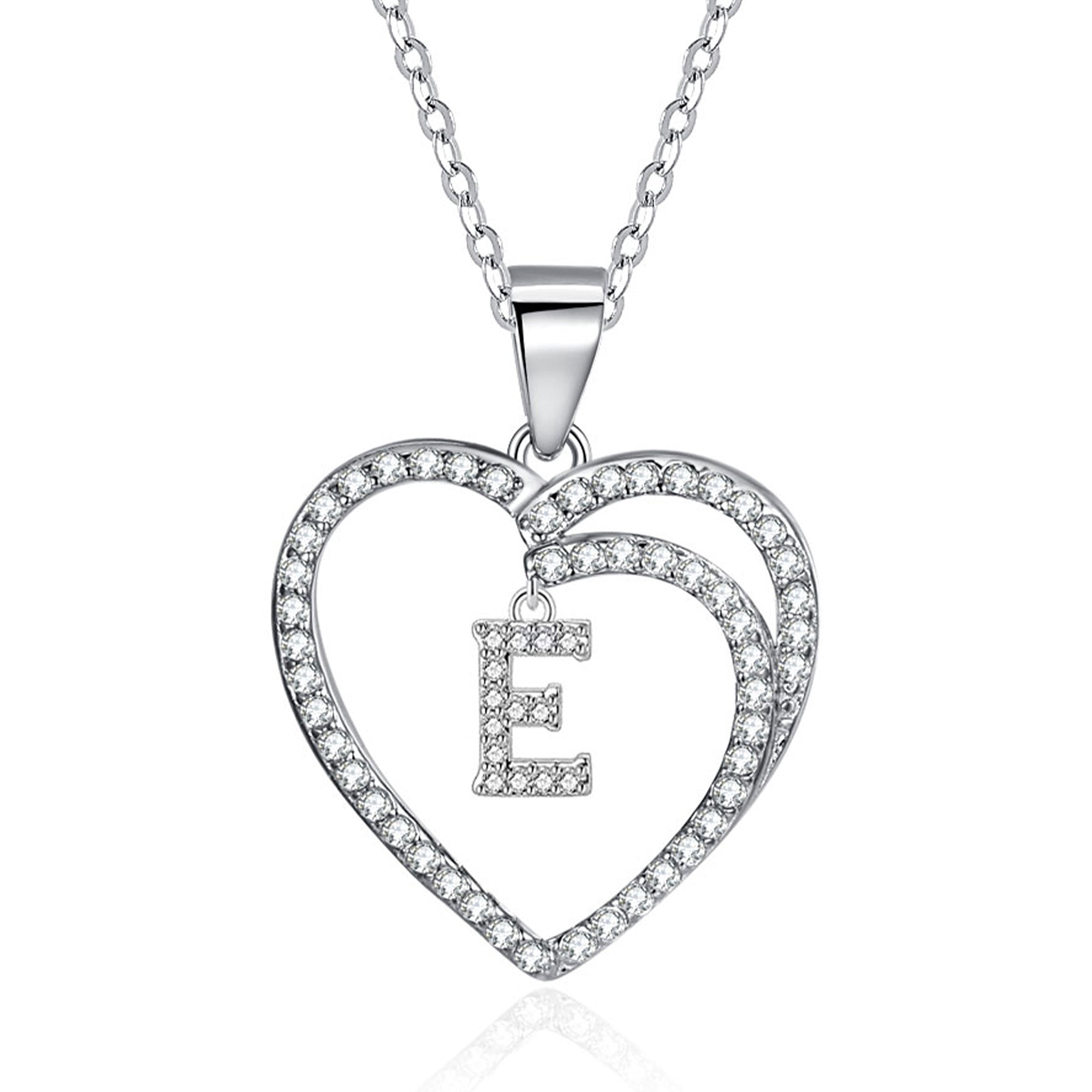 Silvery, double-sided heart-shaped first letter necklace, S925 silver plated necklace, zircon pendant necklace, suitable jewelry gift for girls;