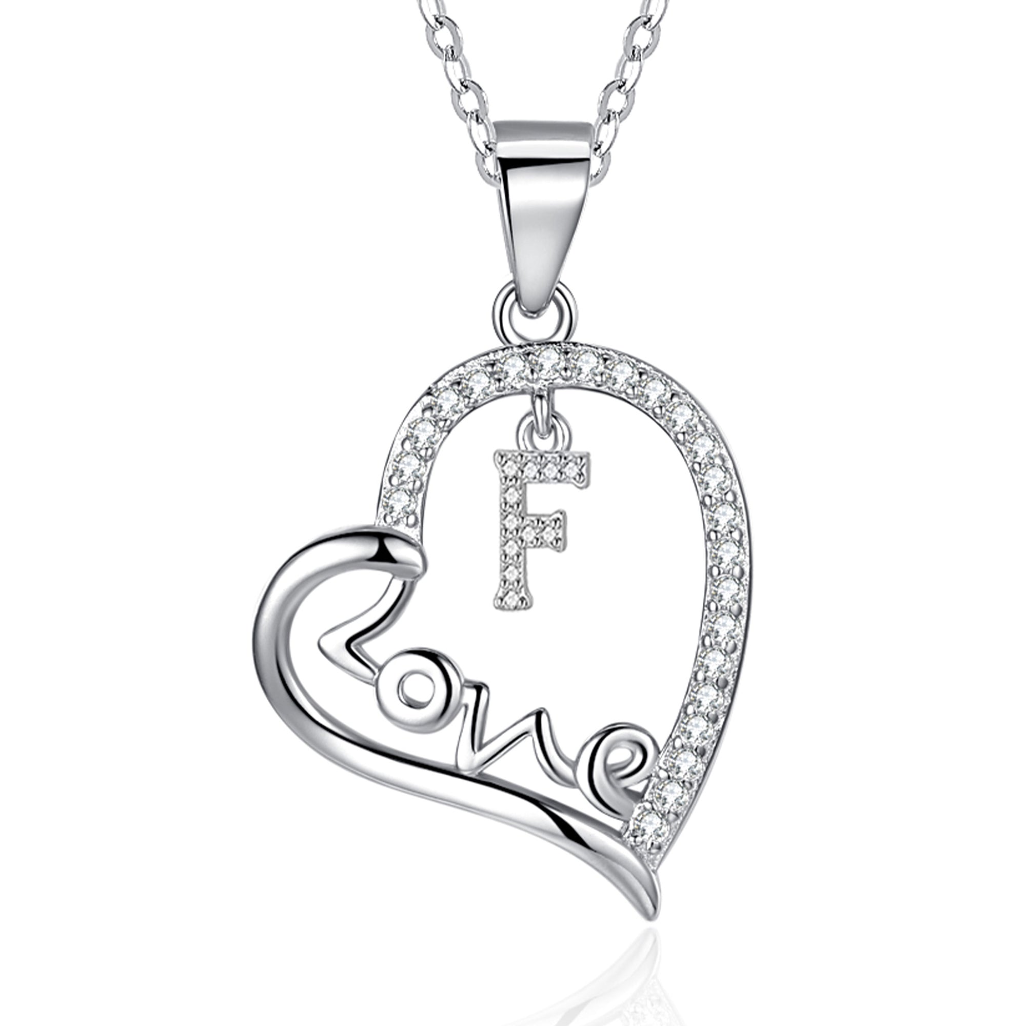 Silvery, LOVE heart-shaped initial letter necklace, S925 silver plated necklace, zircon pendant necklace, suitable jewelry gift for girls;