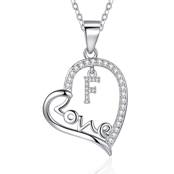 Silvery, LOVE heart-shaped initial letter necklace, S925 silver plated necklace, zircon pendant necklace, suitable jewelry gift for girls;