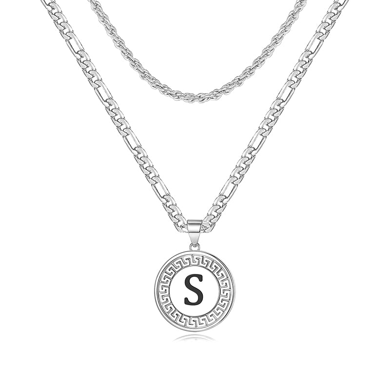 Silvery, rope style and three to one style double-layer chain necklace, black letter circular pendant necklace, style 2 silver Great Wall