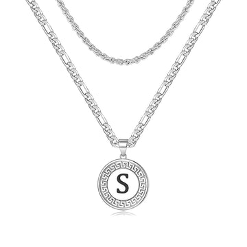 Silvery, rope style and three to one style double-layer chain necklace, black letter circular pendant necklace, style 2 silver Great Wall