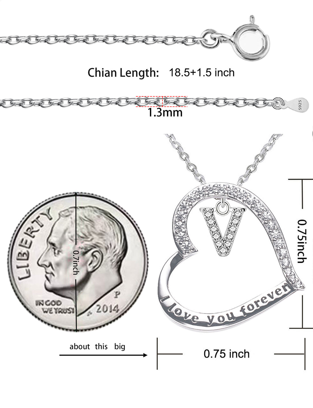 Silvery necklace, heart-shaped pendant with first letter necklace, 925 silver plated zircon pendant necklace, women's jewelry gift, Valentine's Day gift for women's wives and girls