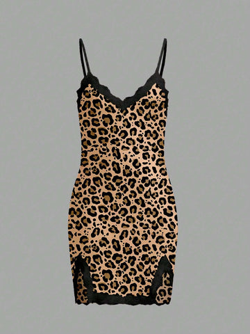 Ladies' spaghetti strap dress, leopard print lace style