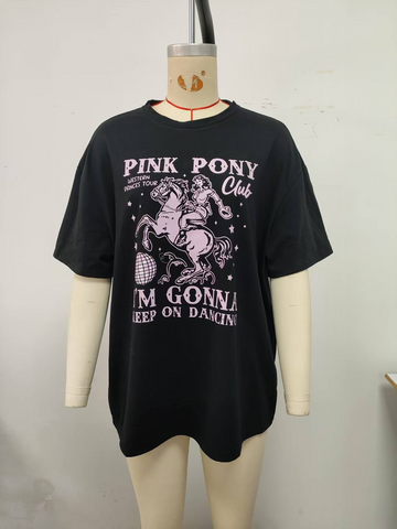 Black, regular T-shirt - pink pony pattern