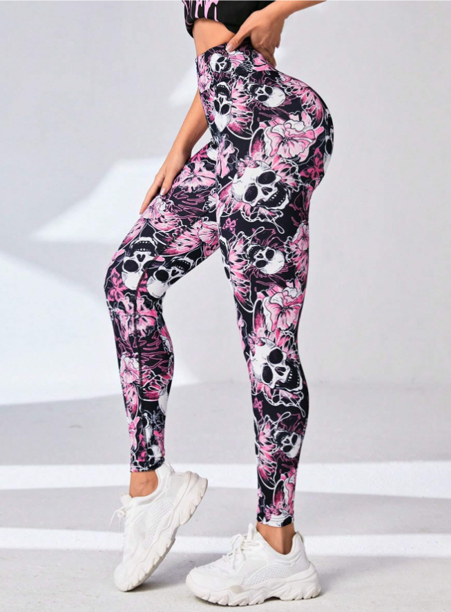 Ladies' casual tight pants with white skull and red flower blending pattern on the legs