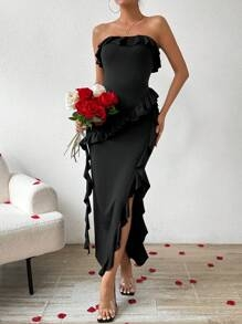 Black, women's dress with wavy edge decoration and split hem