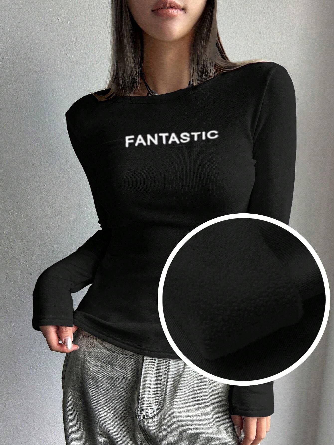 Black, women's velvet base shirt, long sleeved round neck tight fitting shirt, with FANTASTICH white letters printed on the chest