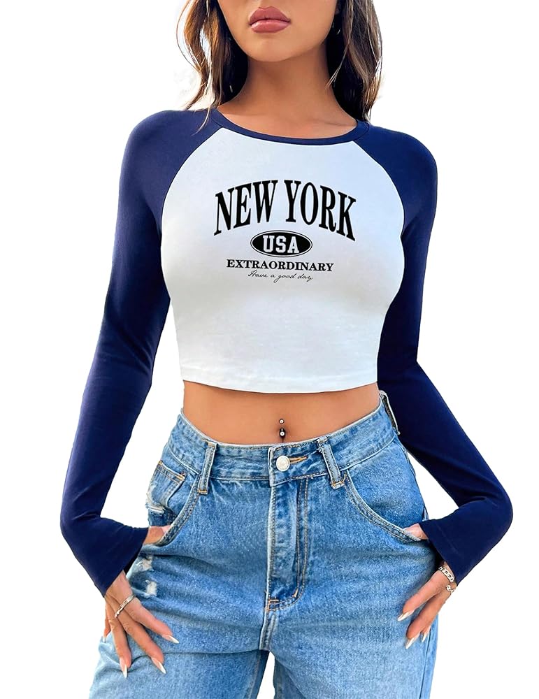 Ladies' long sleeved T-shirt in color, revealing belly button and spicy girl outfit, white body with blue sleeves, USA, NEW YORK letter pattern on chest