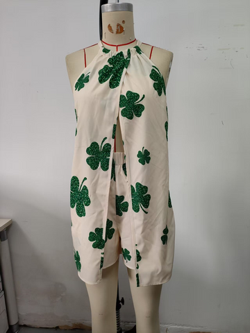 Set, Four Leaf Clover Neck Top+Pants Set