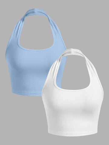 Women's 2-piece vest set, neck strap style, short tight fitting vest, light blue, white
